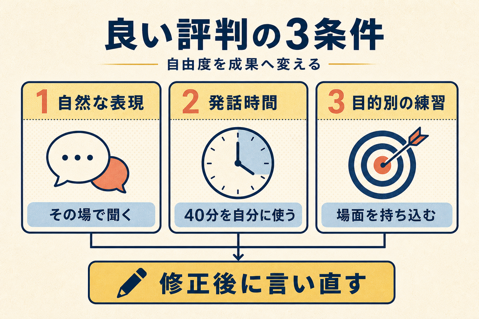 ネイティブ講師・マンツーマン・自由な話題という良い評判の条件を示す図