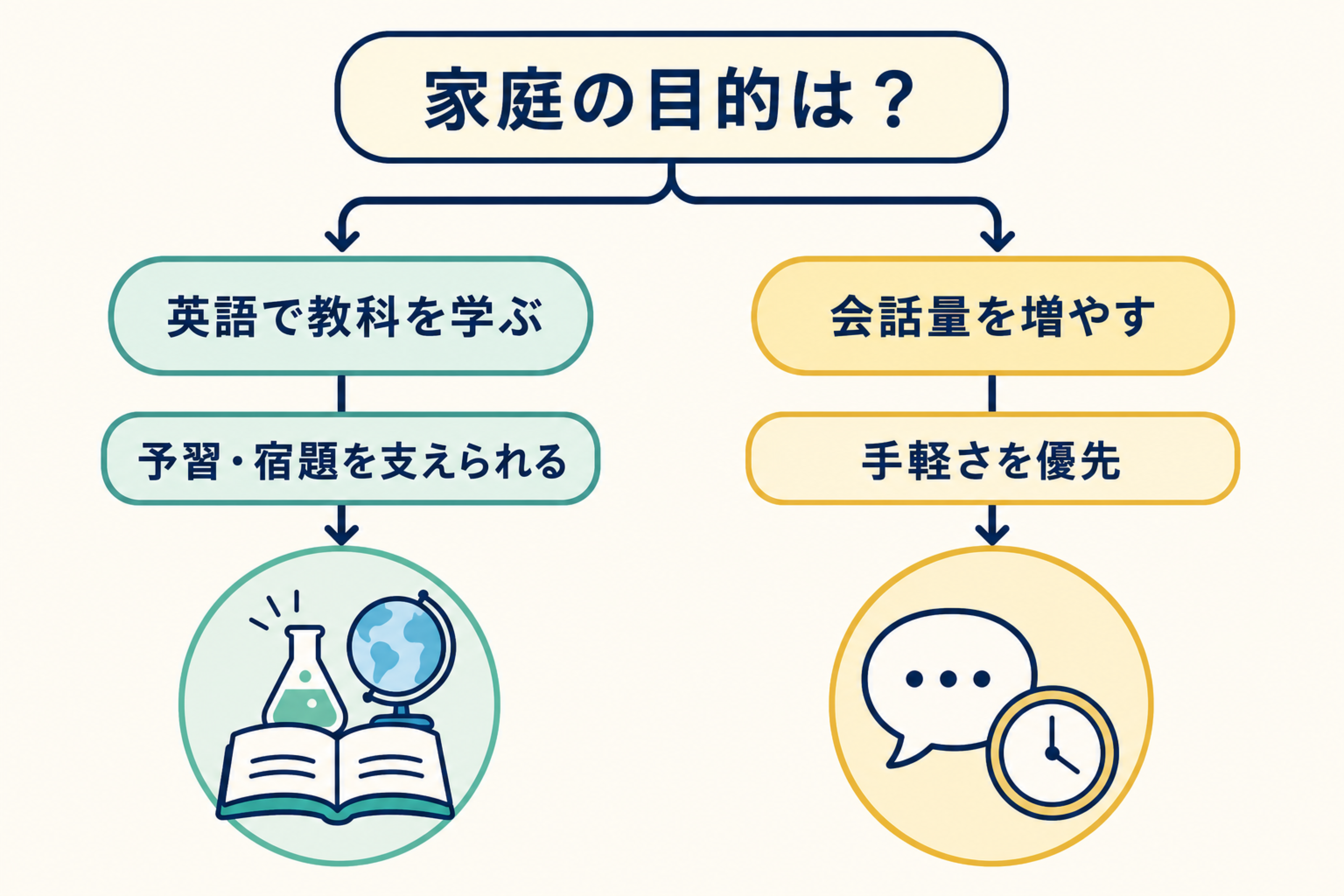 英語で教科を学ぶ家庭と会話量や手軽さを優先する家庭の向き不向き比較図
