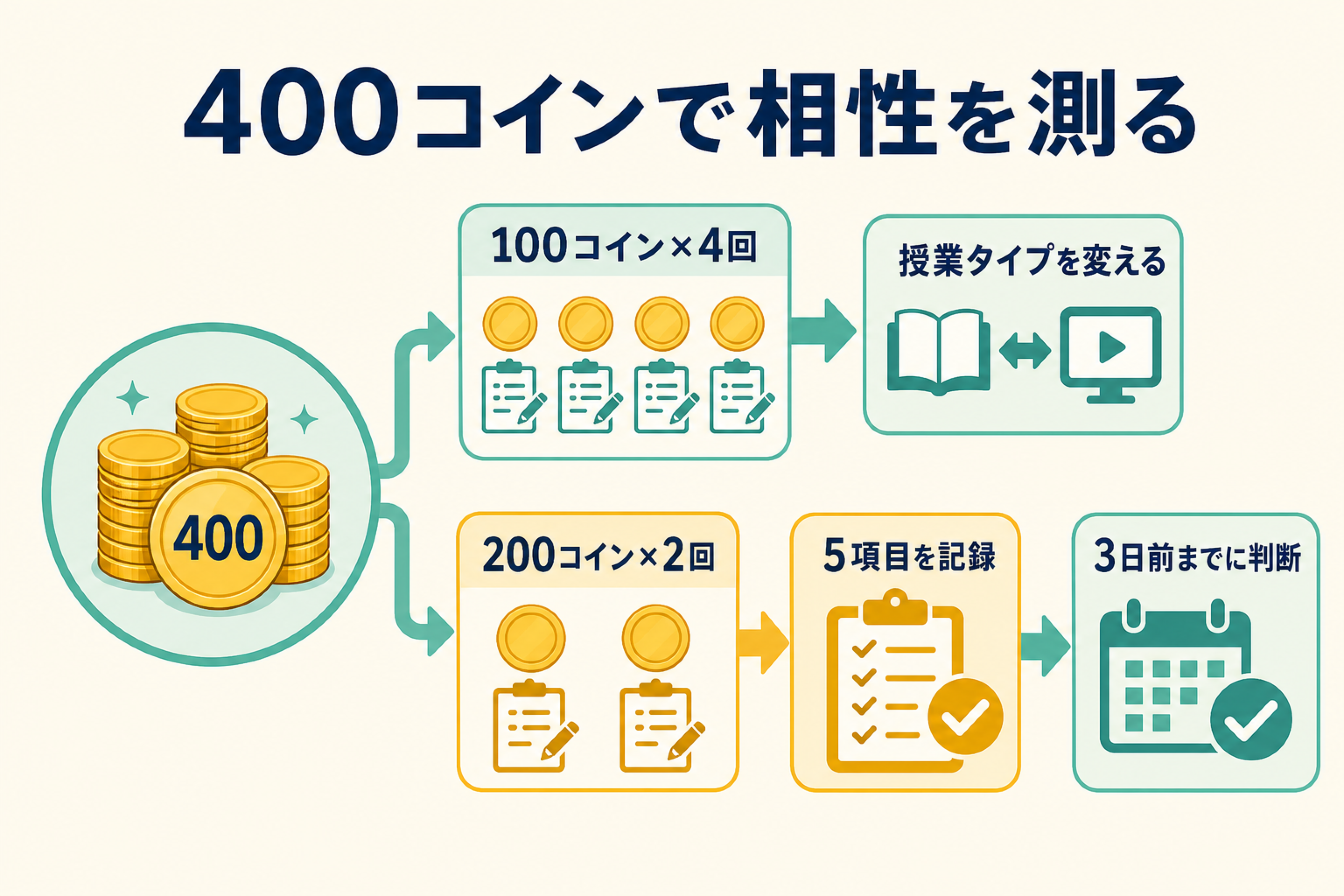 400コインを授業タイプの比較と5項目の記録に使い3日前までに判断する図