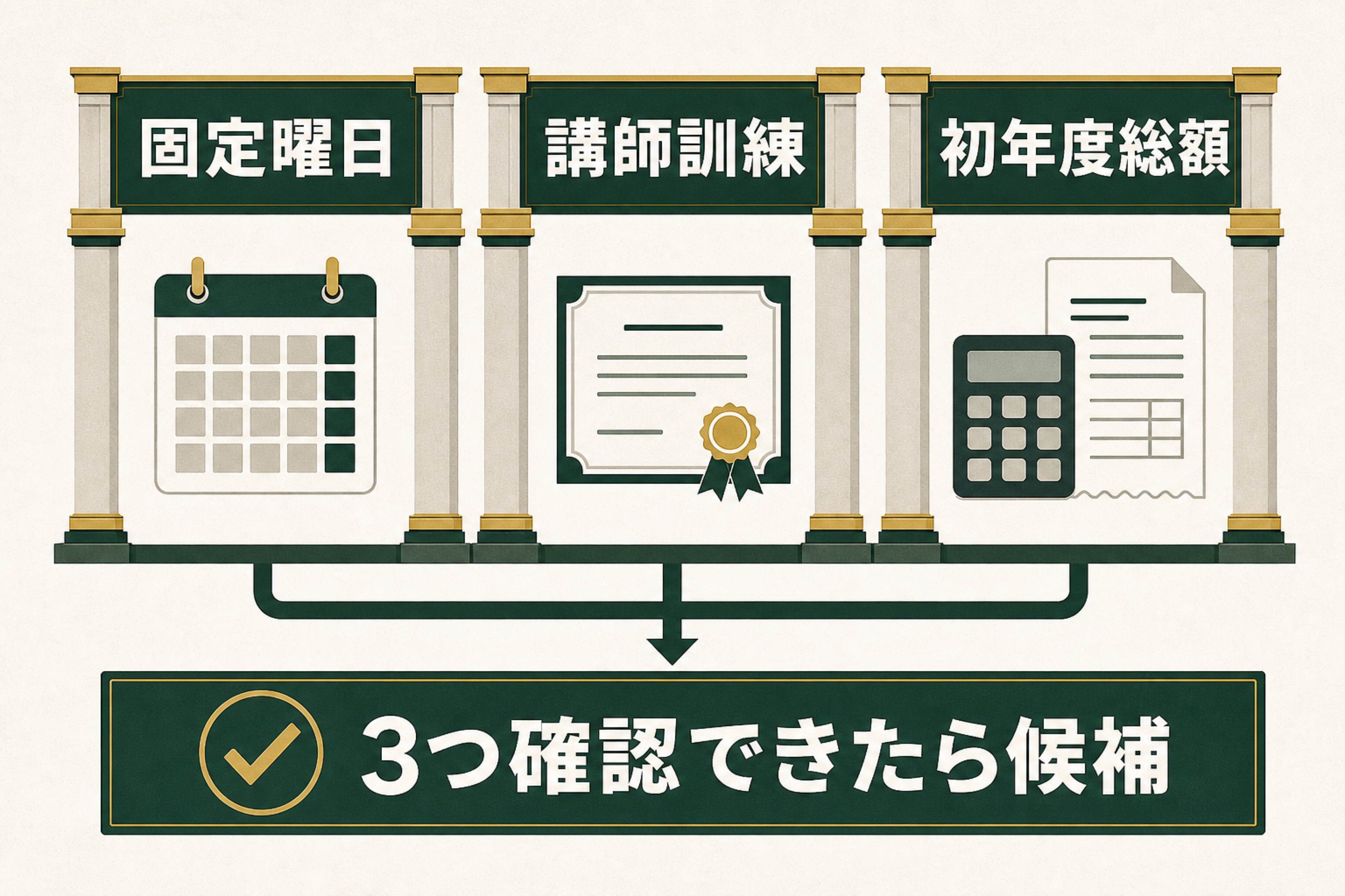 固定曜日・講師訓練・総額の3条件でシェーン英会話への適性を判断する図