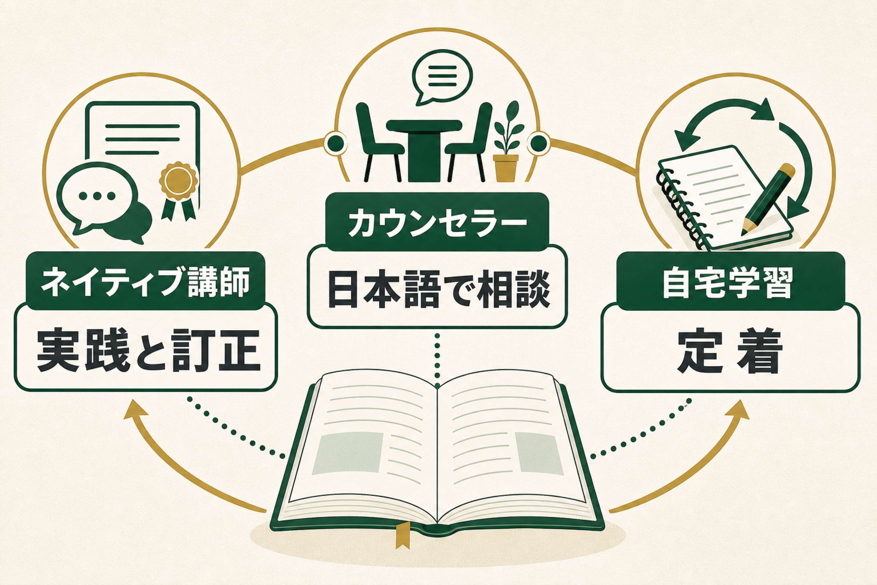 ネイティブ講師・スクールカウンセラー・自宅学習の役割を整理した図