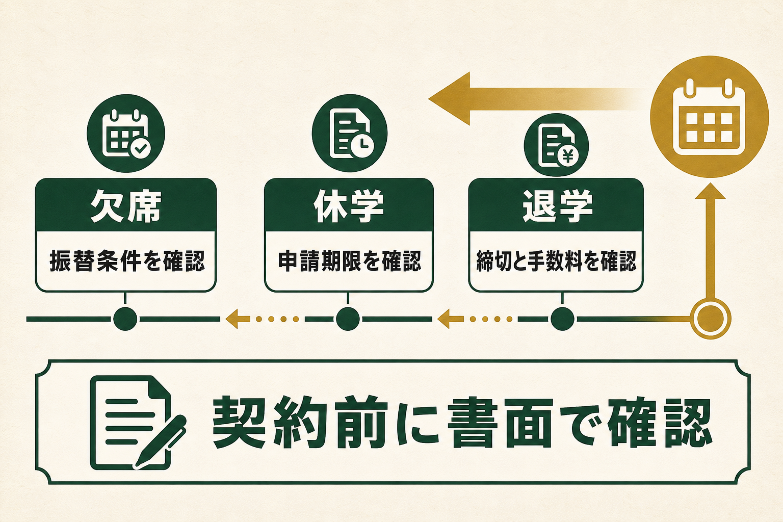 シェーン英会話の欠席・振替・休学・退学を時系列で確認する図