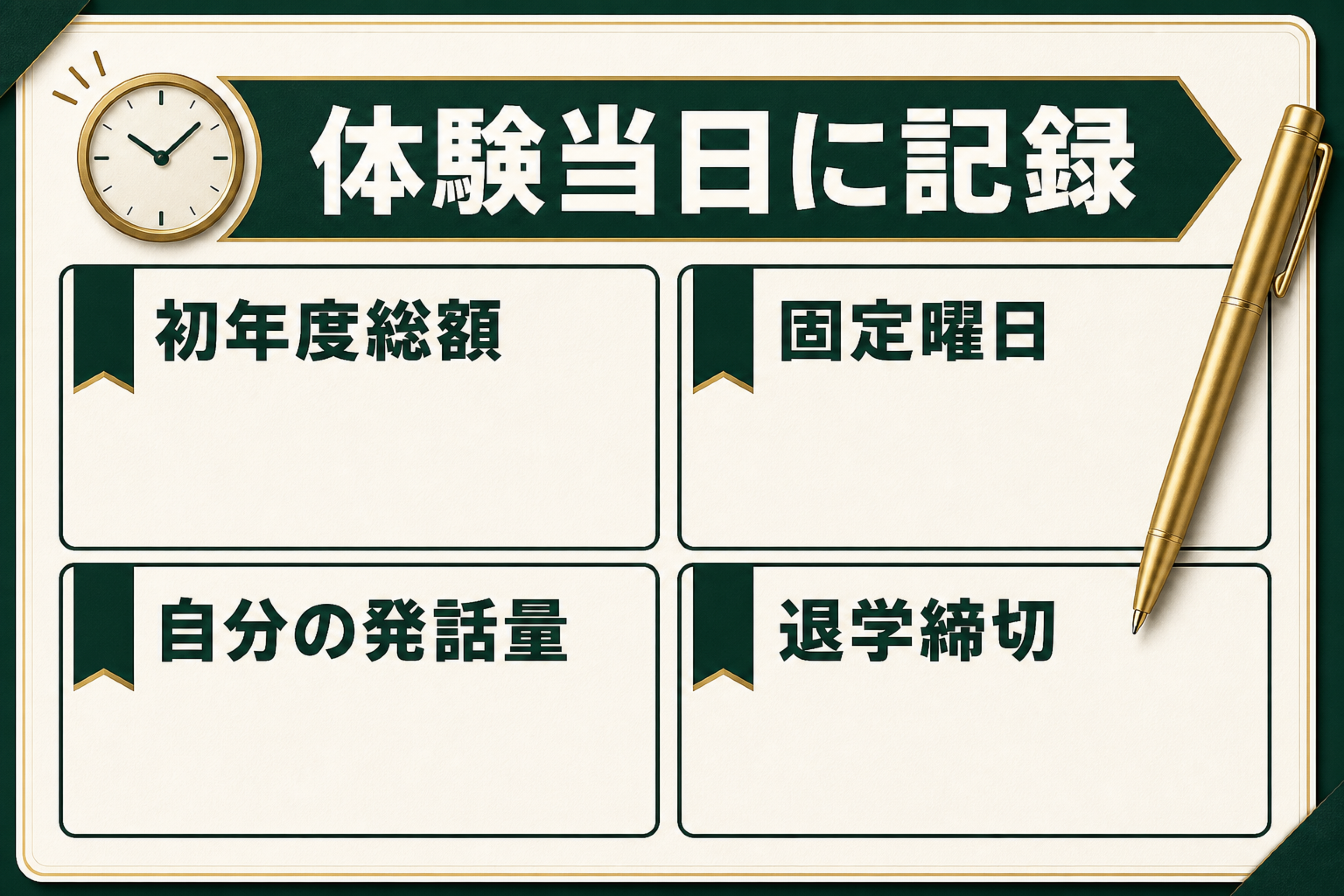 シェーン英会話の体験後に初年度総額・固定曜日・発話量・手続き条件を記録するメモ