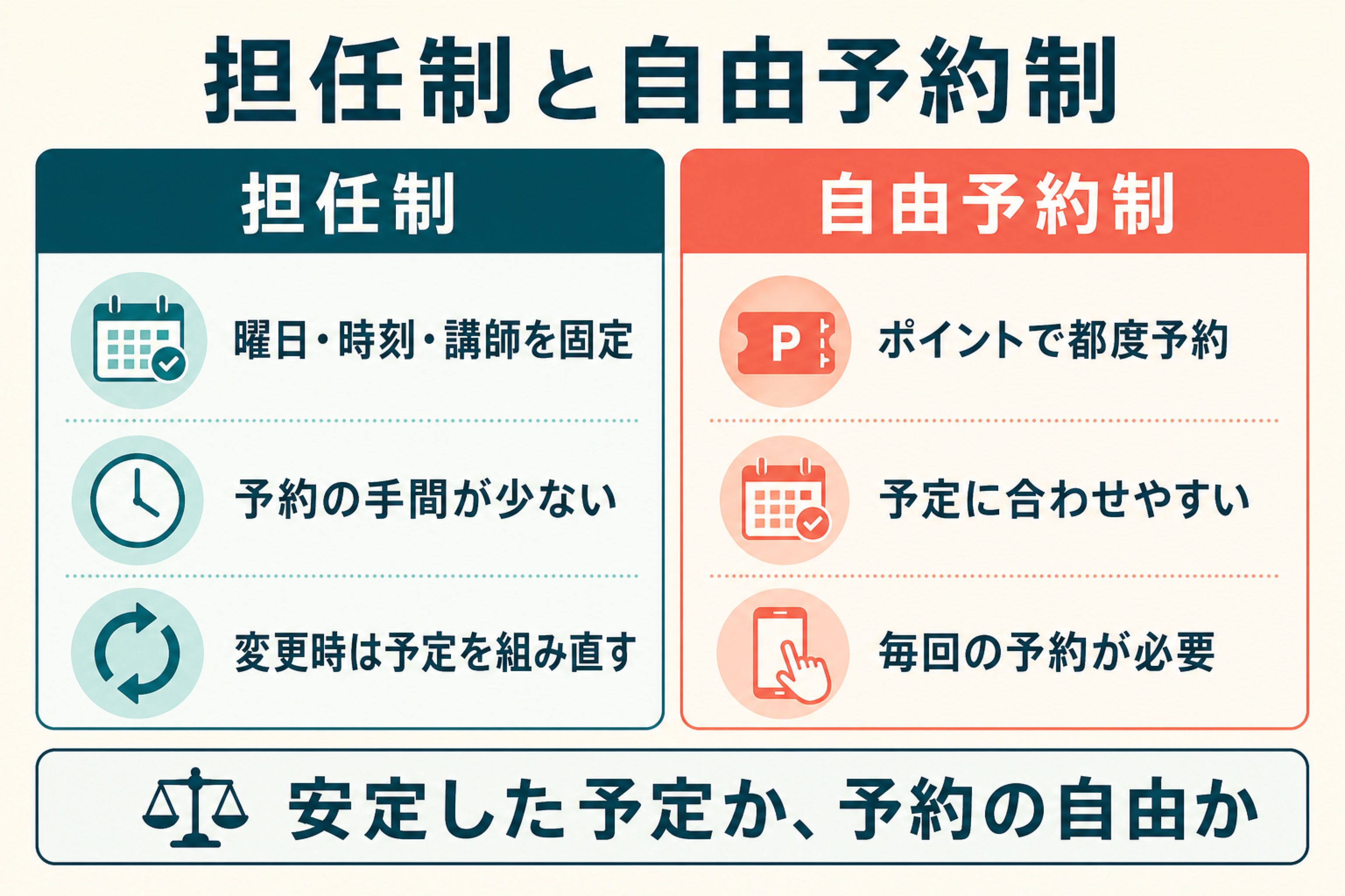 予定の安定性と継続管理から担任制と自由予約制を選ぶフロー図