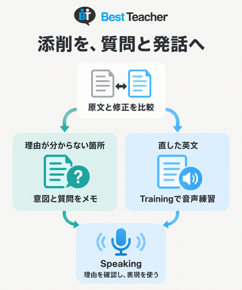 ベストティーチャーの添削を理由の質問とTrainingへ分け、Speakingで確認して使う流れ