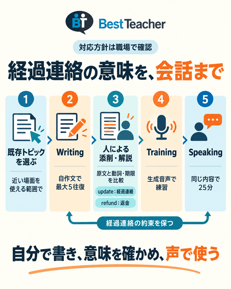 ベストティーチャーで自分の返答を書き、添削と音声練習を経てSpeakingで同じ意味を伝える。