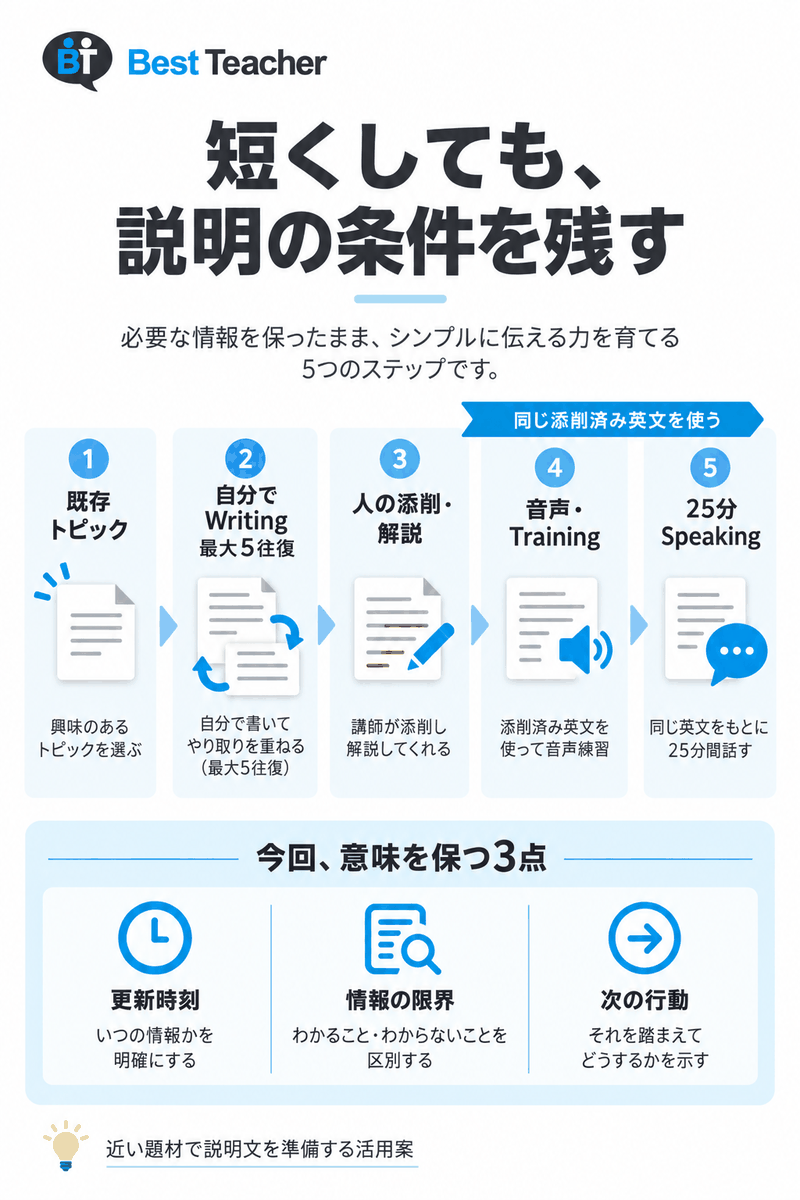 Best Teacherの自作文から添削とTrainingとSpeakingを通じ説明条件を残す図