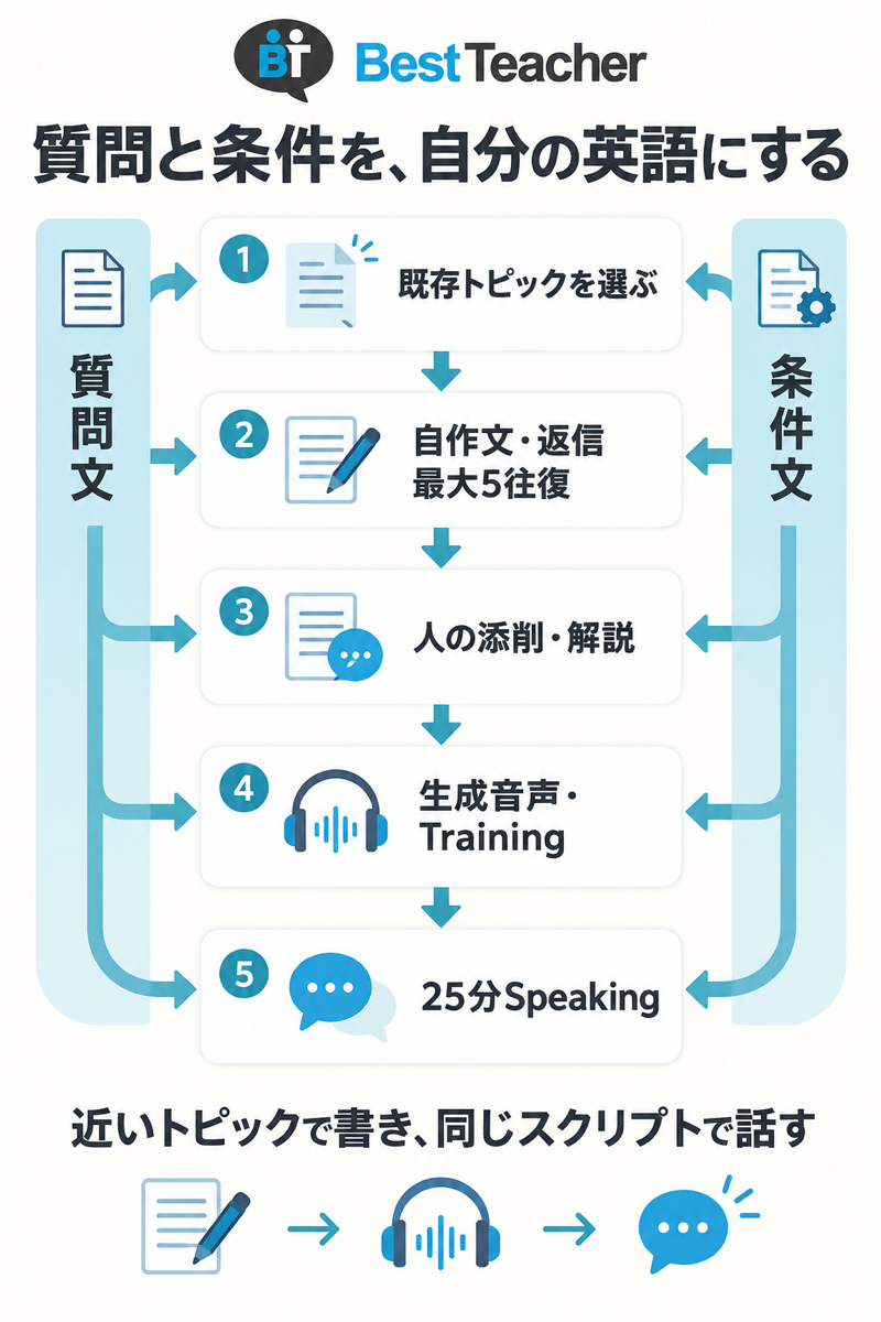 ベストティーチャーで質問と条件文を書き添削からTrainingとSpeakingへつなぐ図