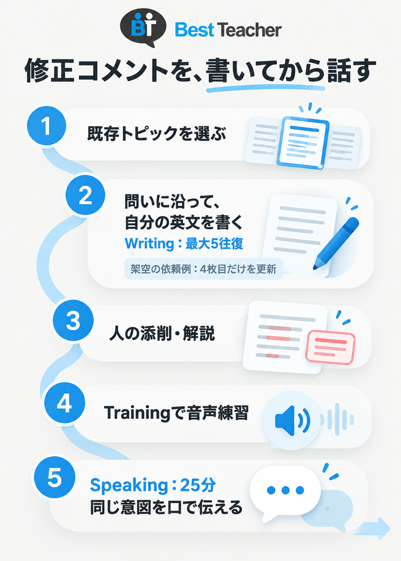ベストティーチャーで修正コメントの自作文を添削しTrainingからSpeakingへ使う工程