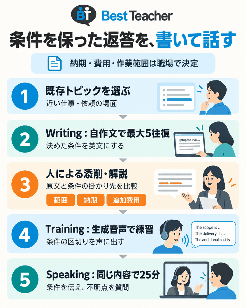ベストティーチャーで条件付き返答を書き、添削理由を確認して音声練習とSpeakingへ進む流れ。