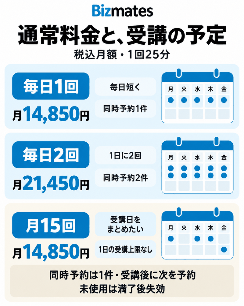 Bizmatesの毎日1回、毎日2回、月15回の税込通常月額と受講予定の違い