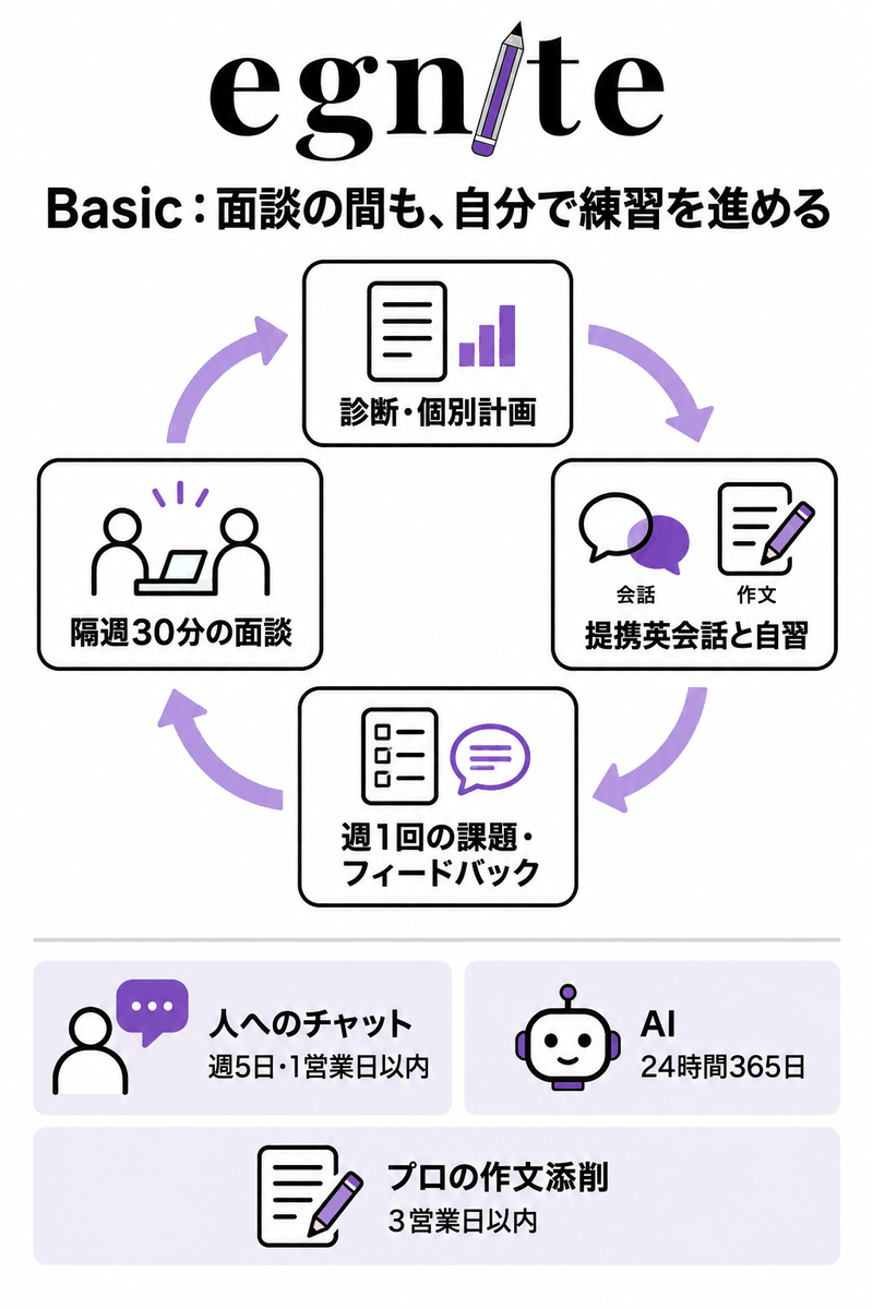 egnite Basicで個別計画・提携英会話・週1回の課題と隔週30分面談をつなぐ学習の全体像