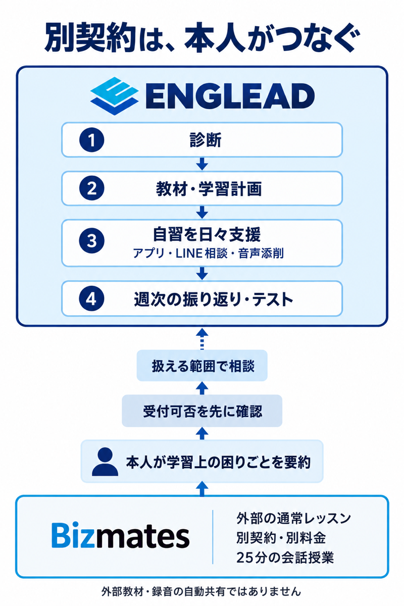 ENGLEADの自習支援と別契約の通常Bizmatesを分け、本人要約の受付可否を確認する図
