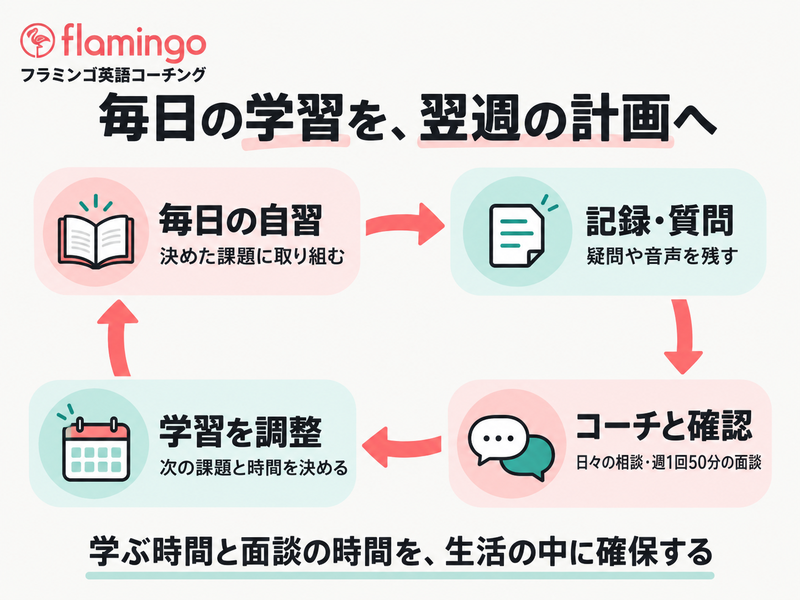 フラミンゴ英語コーチングの自習と記録をコーチとの確認から次の学習へ戻す循環