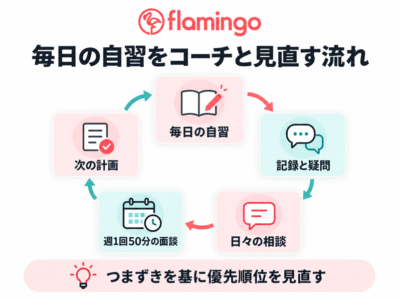 フラミンゴ英語コーチングで毎日の自習と週次面談を次の学習計画へつなぐ流れ