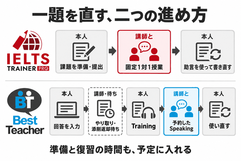 ITPとBest Teacher IELTSの本人作業、講師との対話、添削待ちを分けた学習工程比較図