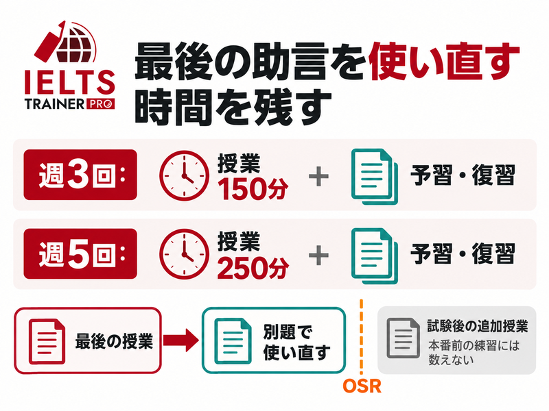 ITP週3回150分と週5回250分の授業に予習復習を加えOSR前に使い直す時間を残す図