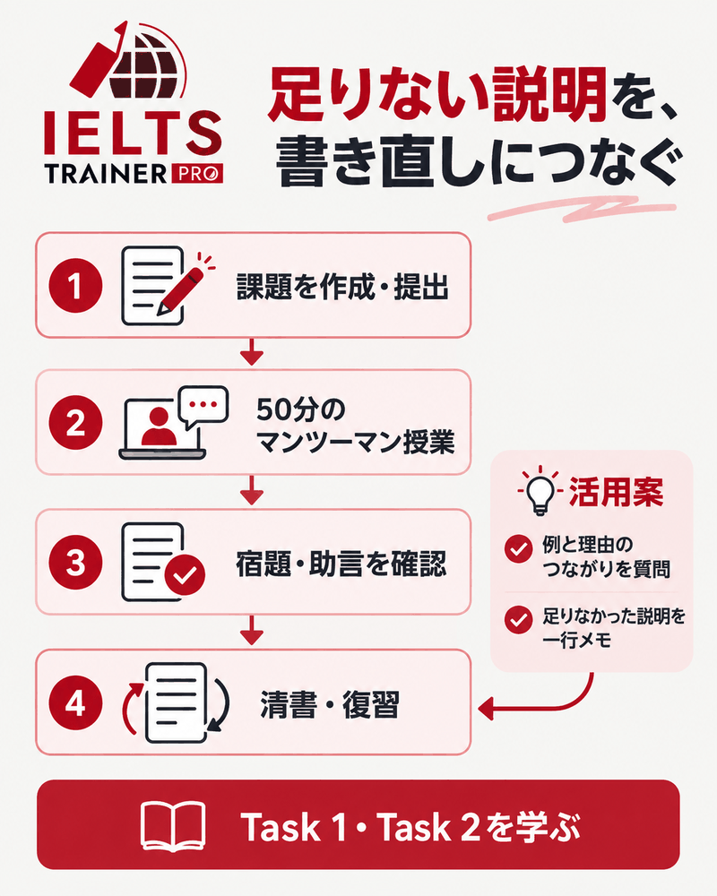 IELTS TRAINER PROの課題提出と50分授業から、説明不足の質問、助言確認、書き直しへ進む学習工程