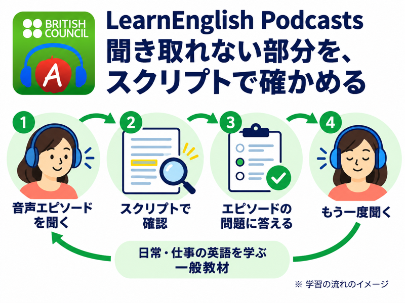 LearnEnglish Podcastsで音声・スクリプト・問題を使って復習する流れ