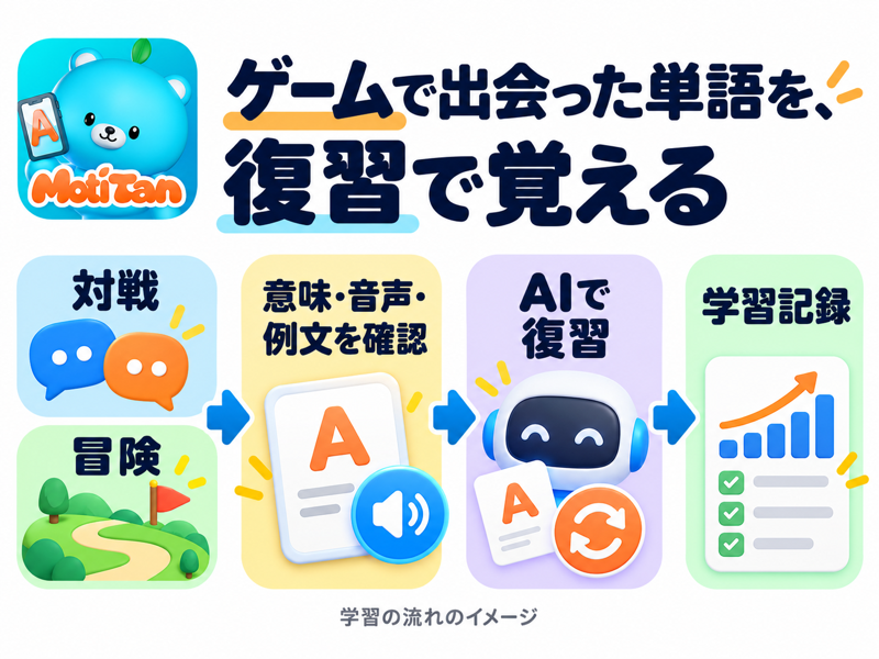 モチタンで対戦・冒険から単語確認とAI復習へ進む流れ