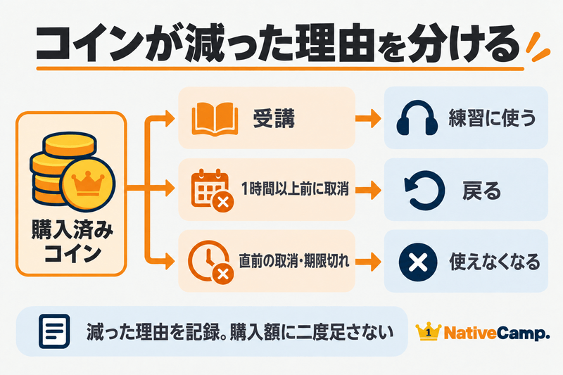 購入済みコインの受講消費、キャンセル返還、直前取消や失効の行き先