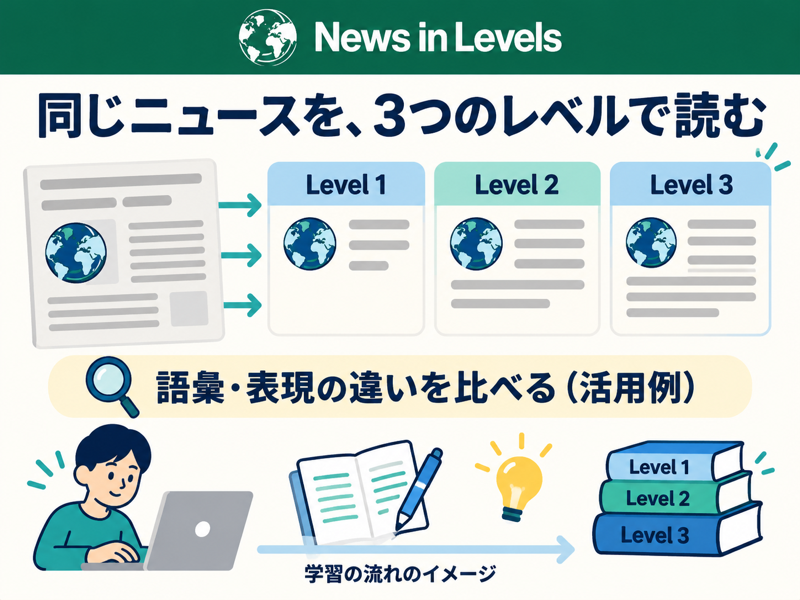 News in Levelsの同じニュースを3段階で読む学習例