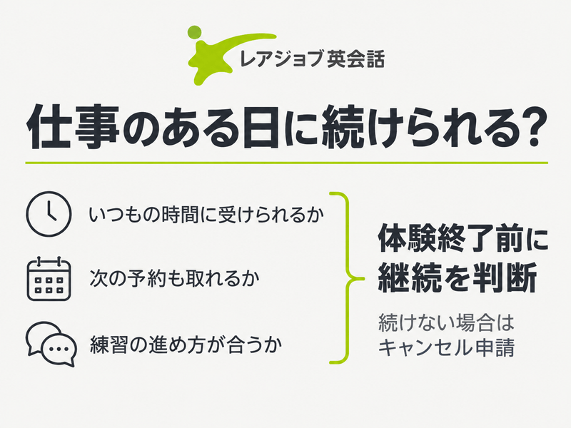 レアジョブの無料体験で受講時間、次の予約、練習の相性を確認して継続を判断する