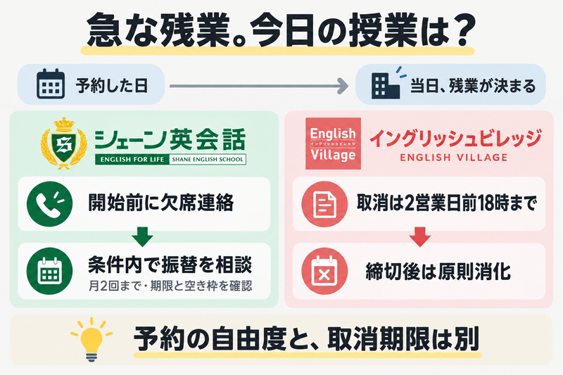 シェーンの開始前欠席連絡と条件内振替、イングリッシュビレッジの2営業日前18時までの取消を比較