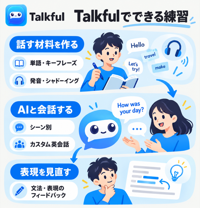 Talkfulで話す材料を作り、AIと会話し、文法や表現を見直す流れ