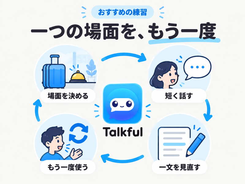 場面を決める、短く話す、一文を見直す、もう一度使うという練習の循環
