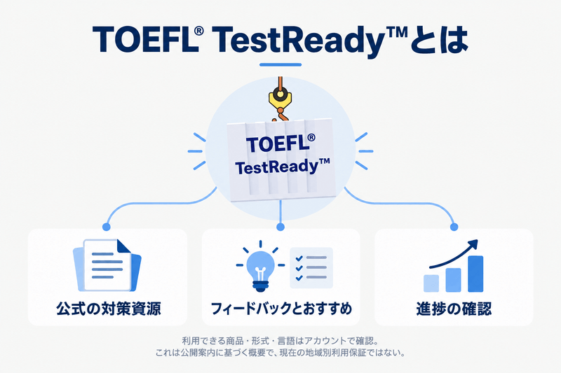 TOEFL TestReadyで公式対策資源を選び、フィードバック、おすすめ、進捗確認へ進む流れ