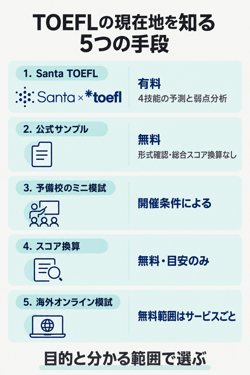 TOEFLレベルチェックの5つの方法とSanta TOEFLの有料スコア予測