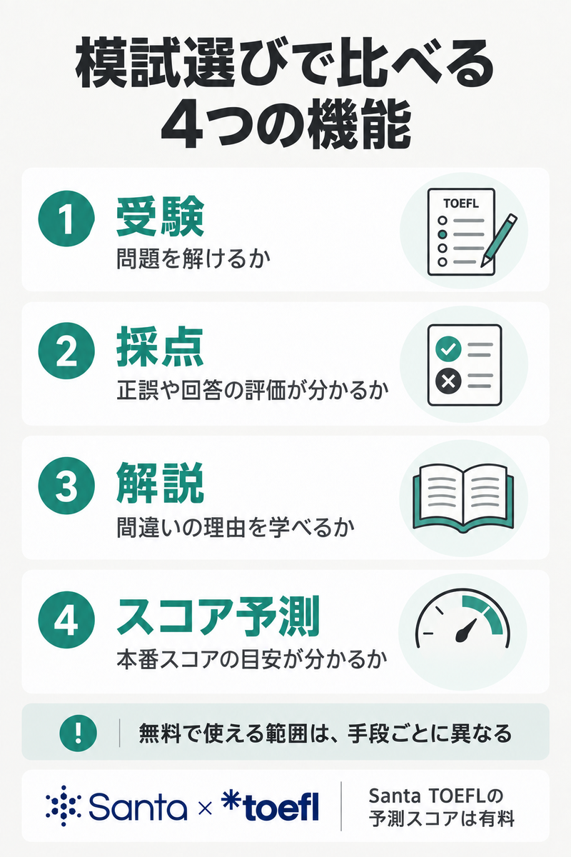 TOEFL模試の受験・採点・解説・スコア予測の4機能と無料範囲の違い