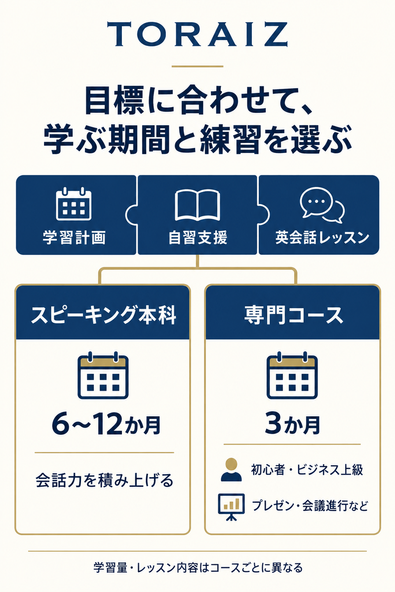 TORAIZの学習支援と英会話を、6〜12か月の本科と3か月の専門コースに分けた全体像