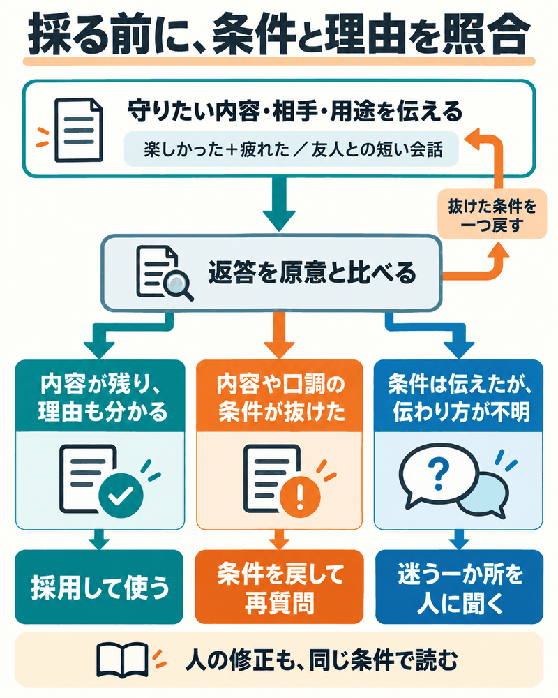 守りたい内容を伝えて返答を読み、採用・再質問・人への質問を選ぶ。