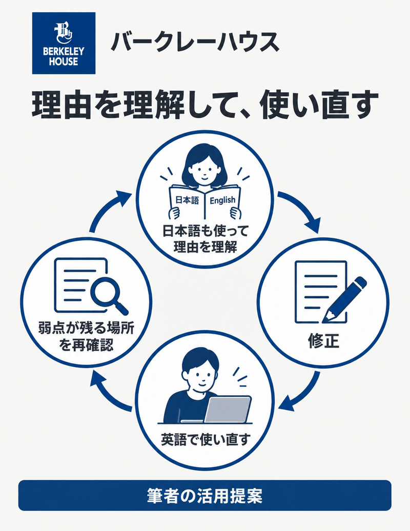 日本語も使って弱点の理由を理解し、修正後に英語で使い直して確認する流れ