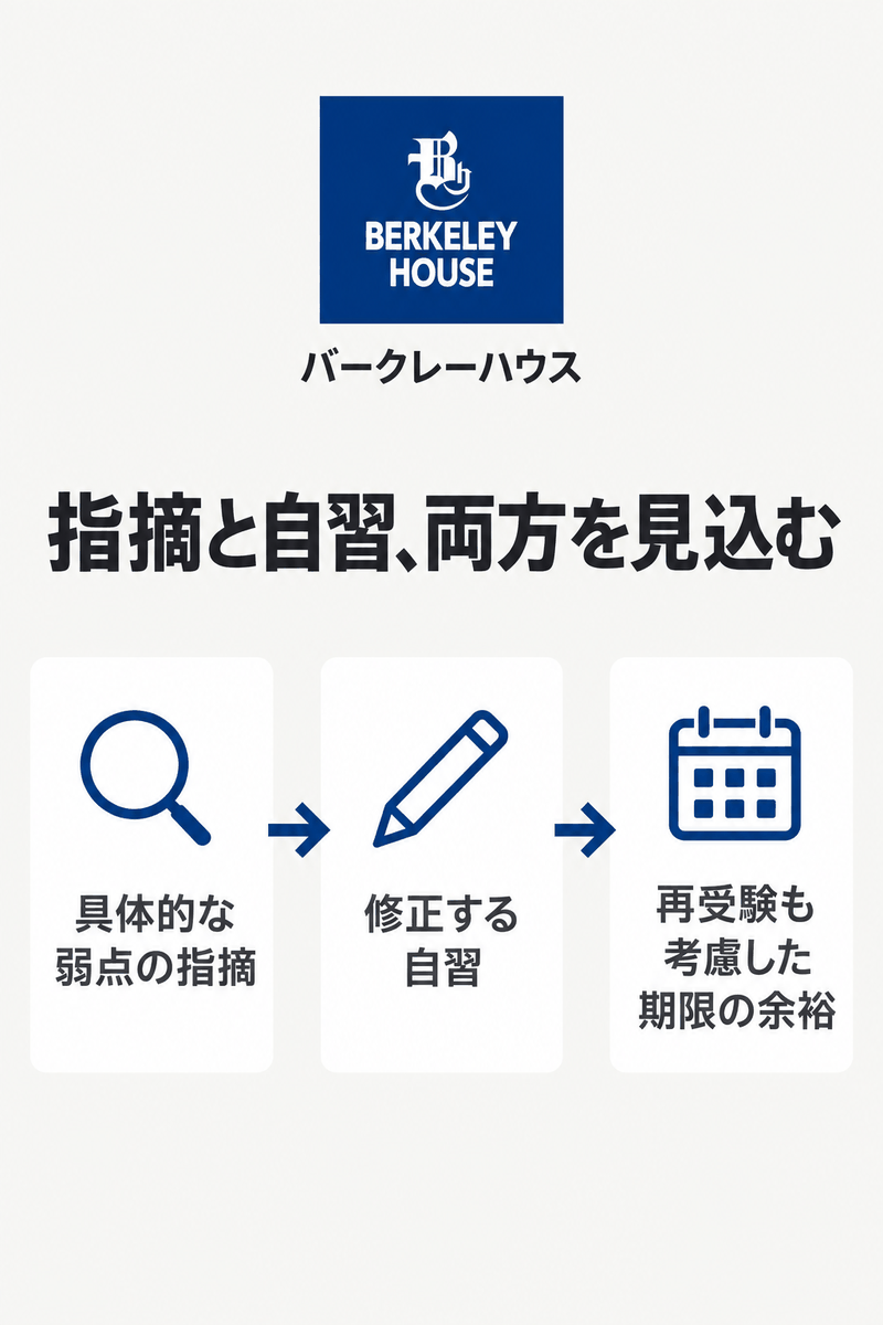 受講者事例にある弱点の具体的な指摘と、自習・再受験の時間を併せて考える関係