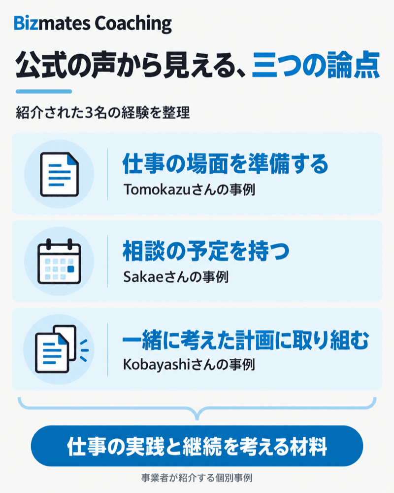 Bizmates Coachingの受講者の声にある仕事の準備と継続を支える相談の論点