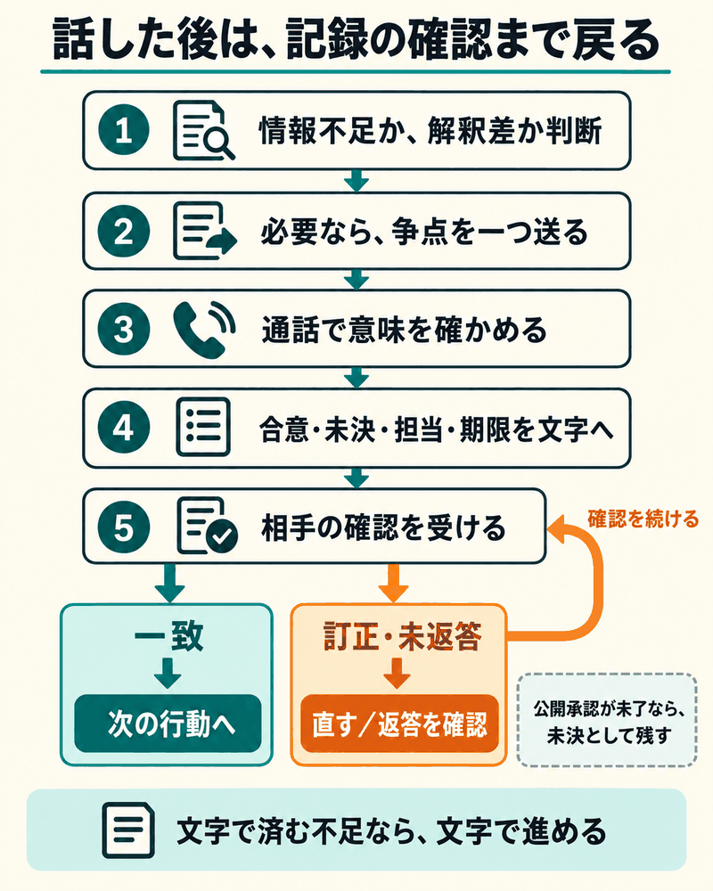 情報不足と解釈差の判断、争点提示、通話、記録、相手確認をつなぎ、訂正や未返答を確認へ戻す。
