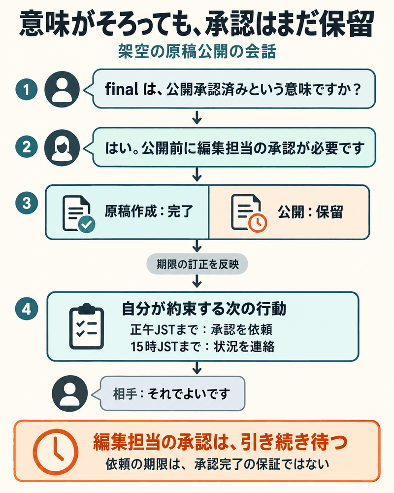 finalの定義と原稿完成・公開保留を確認し、正午JSTまでの承認依頼と15時JSTまでの状況連絡を約束する。