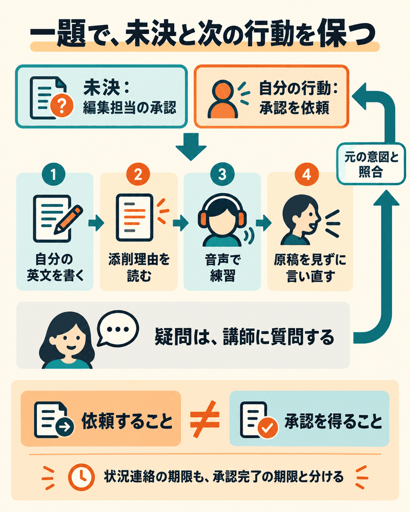 未決の承認と自分がする依頼を保ち、自作文、添削理由、音声練習、原稿なしの言い直しを進める。