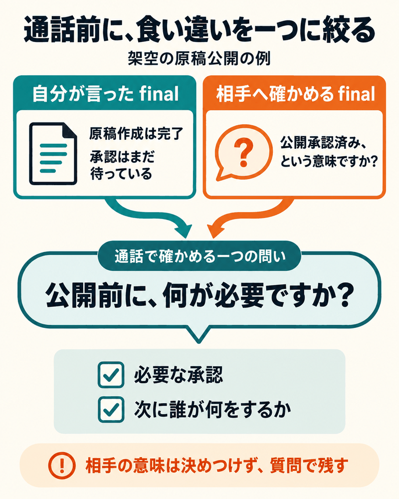 自分のfinalは作成完了と承認待ち、相手の意味は質問として示し、公開前に必要なことへ争点を絞る。