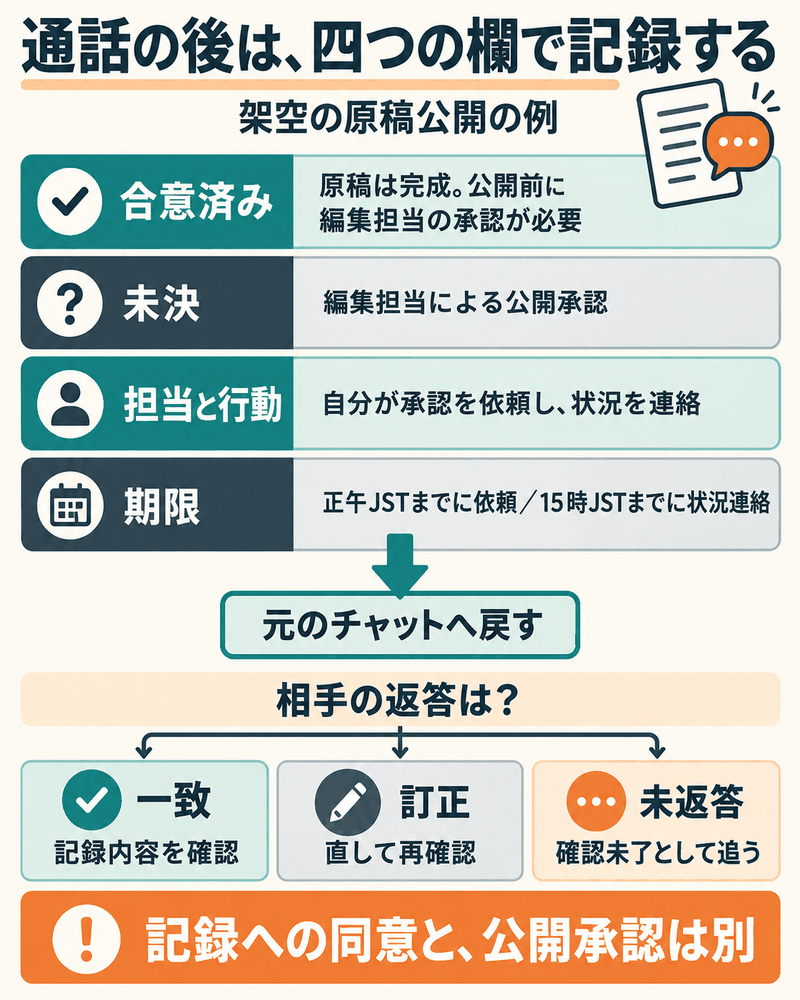 合意、未決、担当と行動、期限を元のチャットへ戻し、一致・訂正・未返答で確認を進める。