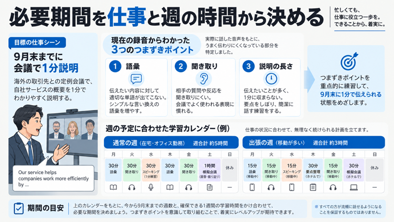 仕事で英語を使う場面、現在の停止点、通常週と繁忙週の予定から期間を考える図