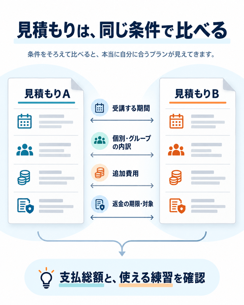 英語コーチングの見積もりを受講期間、練習の内訳、追加費用、返金条件で比較