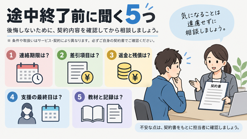 連絡期限、差引項目、返金と残債、支援最終日、教材と記録の確認図