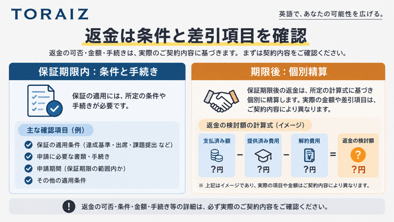 TORAIZの保証期限内の手続きと期限後の個別精算を分ける図