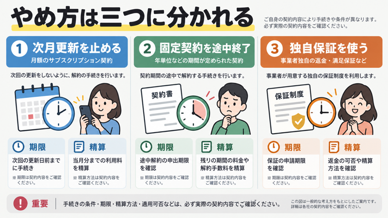 次月更新停止、固定契約の途中終了、独自保証を期限と精算で分ける図