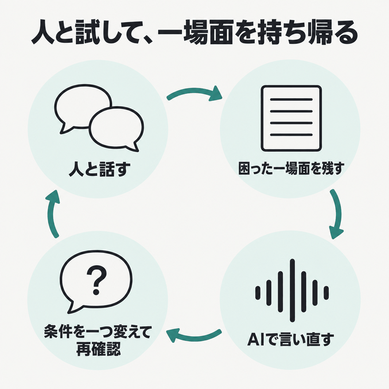 人との会話で困った一場面をAI英会話で言い直し条件を変えて再確認する図