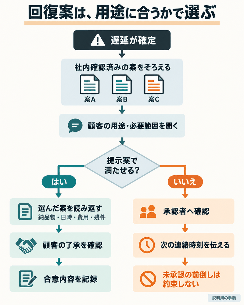 実行可能な回復案を相手の用途と合わせ、満たせない条件は社内確認へ戻す。